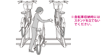 ※自転車収納時にはスタンドを立てないでください。